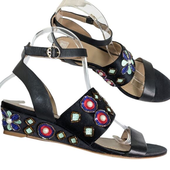 Tory Burch Estella Sandals 7.5 Crystal Embellished Leather Wedge Ankle Strap - Picture 8 of 15